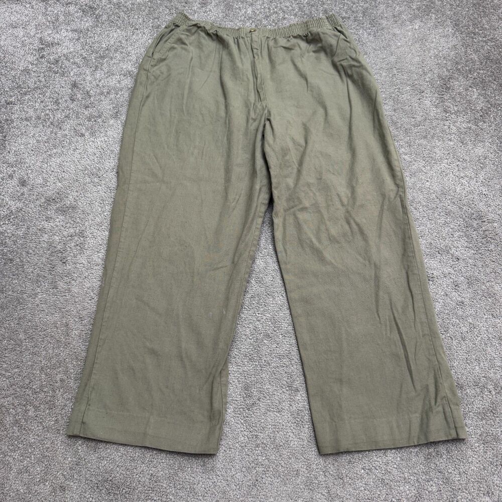 Vintage Blair Linen Cotton Elastic Waist Pants Women Large Green Wide Leg Casual